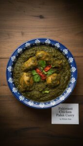 A vibrant plate of palak chicken curry with tender chicken pieces cooked in fresh spinach and spices, served with naan or rice.