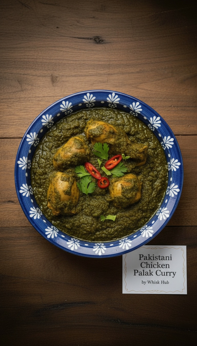 A vibrant plate of palak chicken curry with tender chicken pieces cooked in fresh spinach and spices, served with naan or rice.