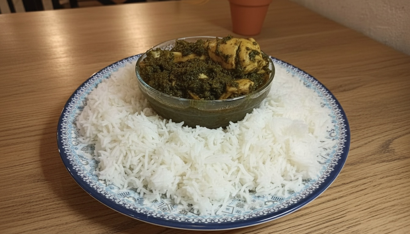 A bowl of creamy palak chicken curry made with spinach, tender chicken, and aromatic spices, served with naan and rice.