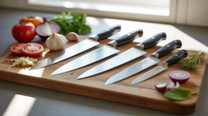 best knife for your kitchen with chef knife paring knife and bread knife on cutting board