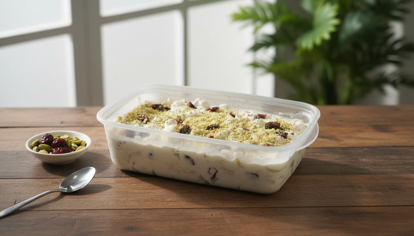 Creamy fruit chaat made with fresh fruits, custard, and cream in a serving bowl