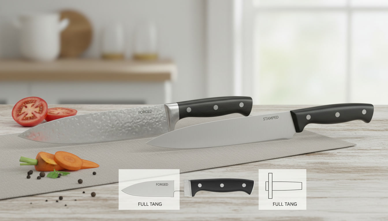 forged vs stamped knives comparison showing blade differences on cutting board