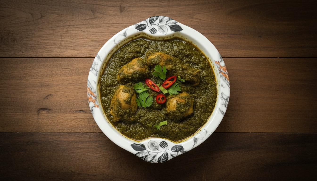 A vibrant plate of palak chicken curry with tender chicken pieces cooked in fresh spinach and spices, served with naan or rice.