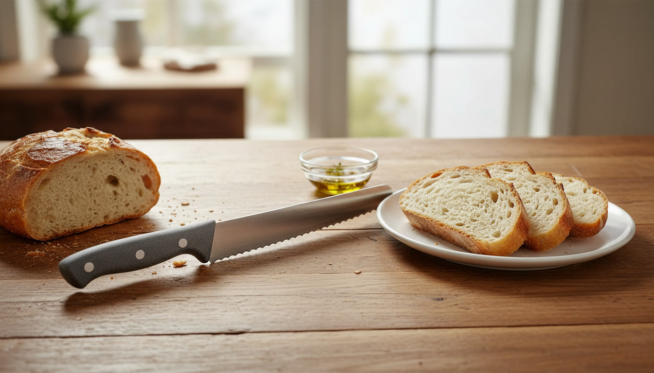 bread knife slicing crusty bread cleanly