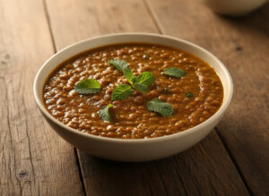 Cooked brown masar lentils in a bowl showing rich, earthy texture and whole lentils before cooking