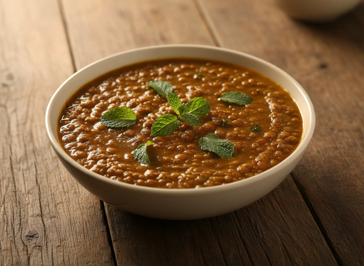 Cooked brown masar lentils in a bowl showing rich, earthy texture and whole lentils before cooking