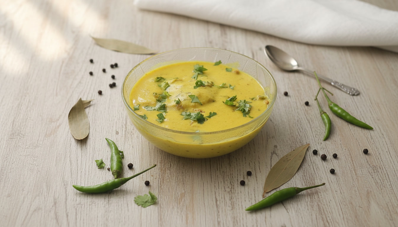 Traditional curry pakora kadhi served with rice, showing creamy yogurt curry with soft pakoras and spices