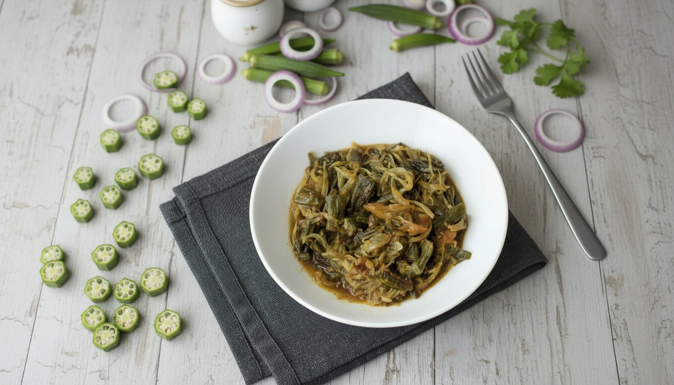 Delicious homemade fried okra bhindi cooked with onions, tomatoes, and spices