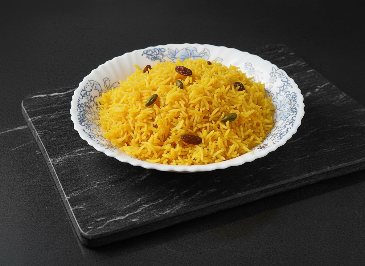 A bowl of traditional Pakistani Zarda Rice made with yellow colored sweet rice, sugar, and garnished with dry fruits like almonds, cashews, and raisins
