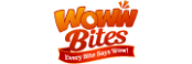 Woww Bites modern food logo with orange text and bite mark design