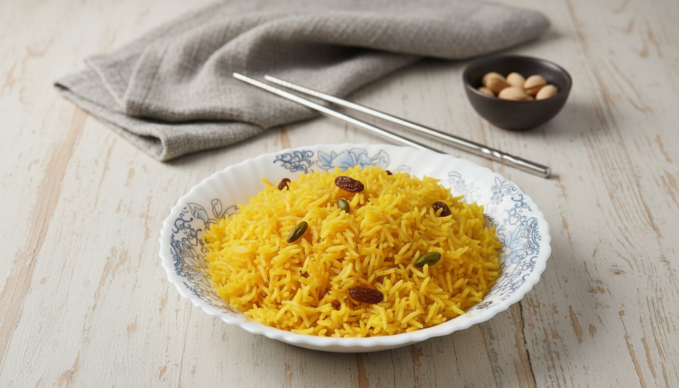 A bowl of traditional Pakistani Zarda Rice made with yellow colored sweet rice, sugar, and garnished with dry fruits like almonds, cashews, and raisins