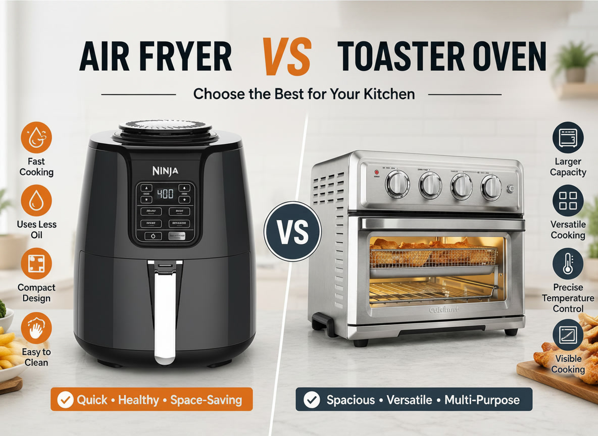 Air fryer and convection oven side by side comparison on kitchen counter