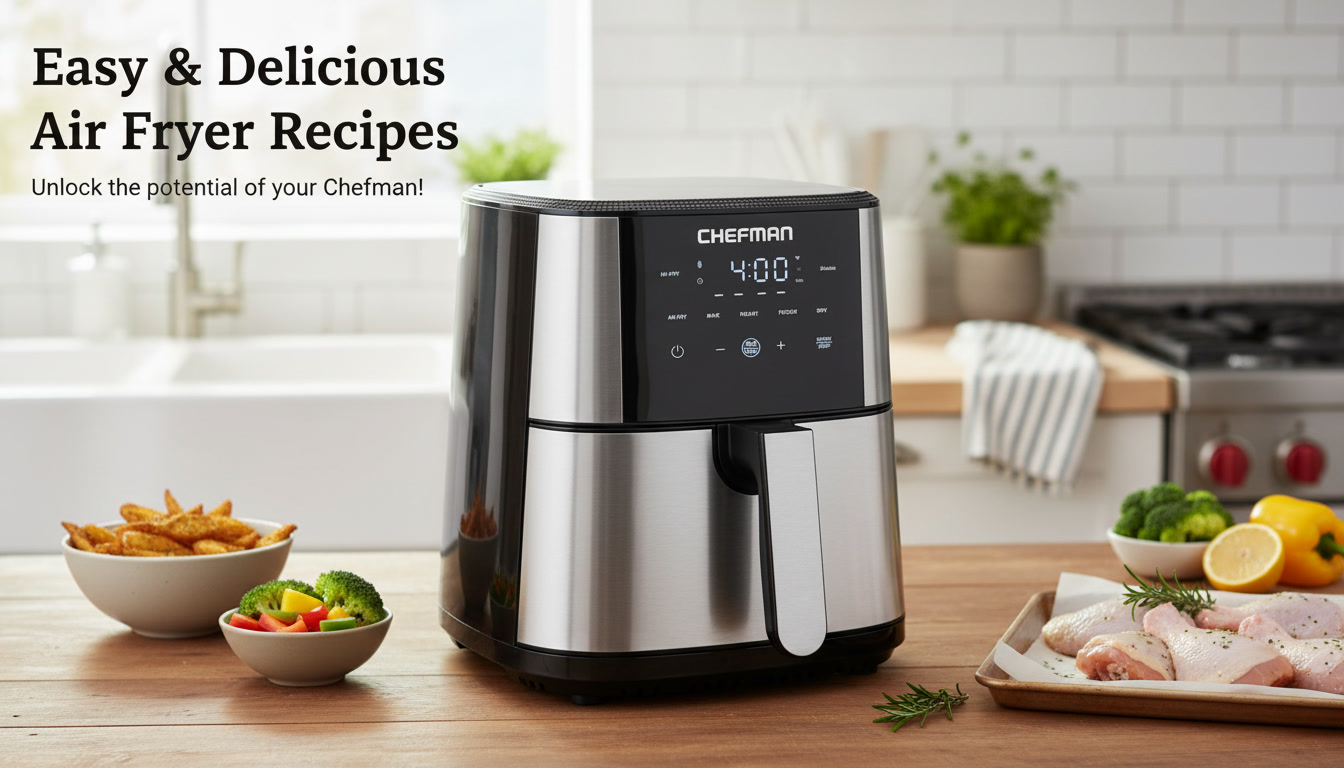 A sleek Chefman air fryer displayed in a bright modern kitchen alongside crispy fries, fresh vegetables, and chicken ingredients. This image highlights the versatility of air fryers for preparing quick, healthy, and delicious homemade meals with less oil.