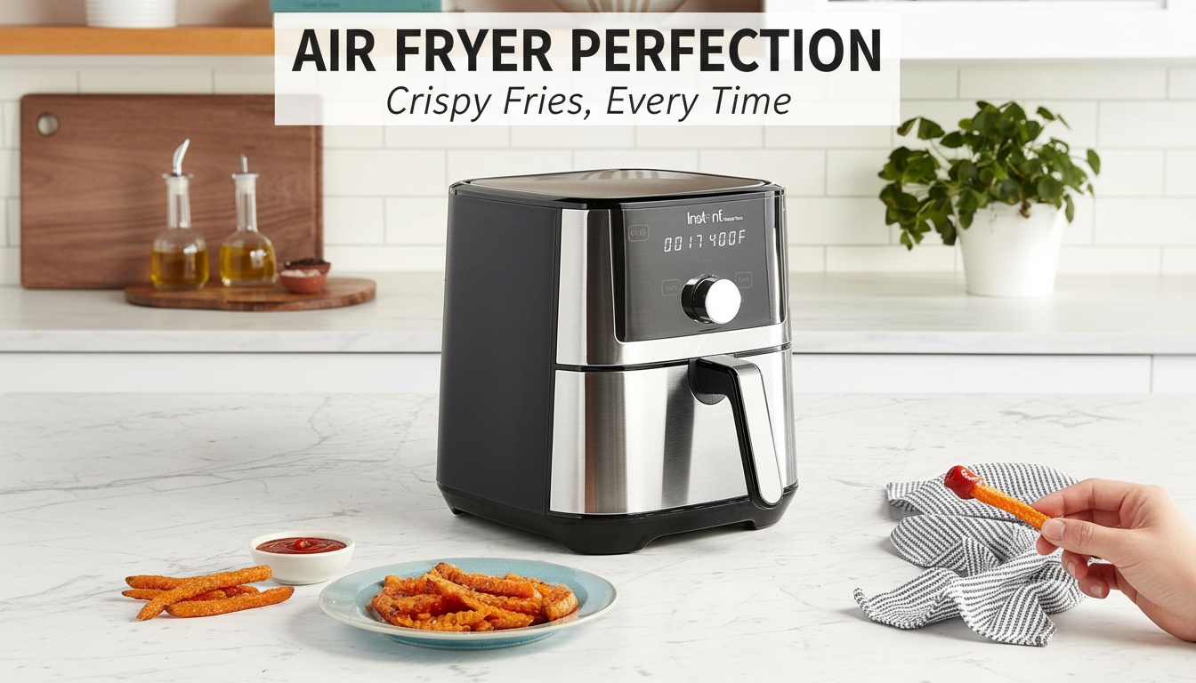 Instant Vortex air fryer on a kitchen countertop with crispy French fries and dipping sauce, showcasing fast and healthy cooking.