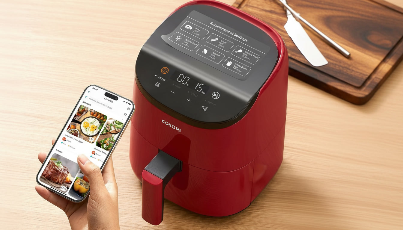 Red COSORI smart air fryer connected to a mobile app displaying recipes and cooking options for convenient meal preparation.