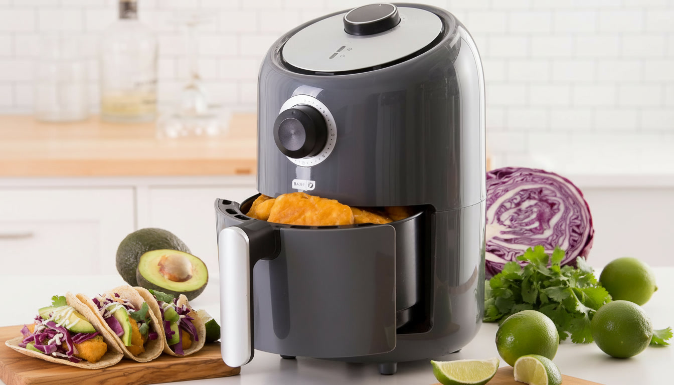 DASH Compact Air Fryer on a kitchen countertop with crispy fish tacos, fresh avocado, cabbage, and vegetables for healthy cooking.
