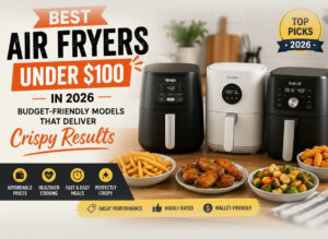Three budget-friendly air fryers under $100 displayed on a kitchen counter with crispy fries, chicken wings, vegetables, and frozen snacks for a best air fryer comparison guide.
