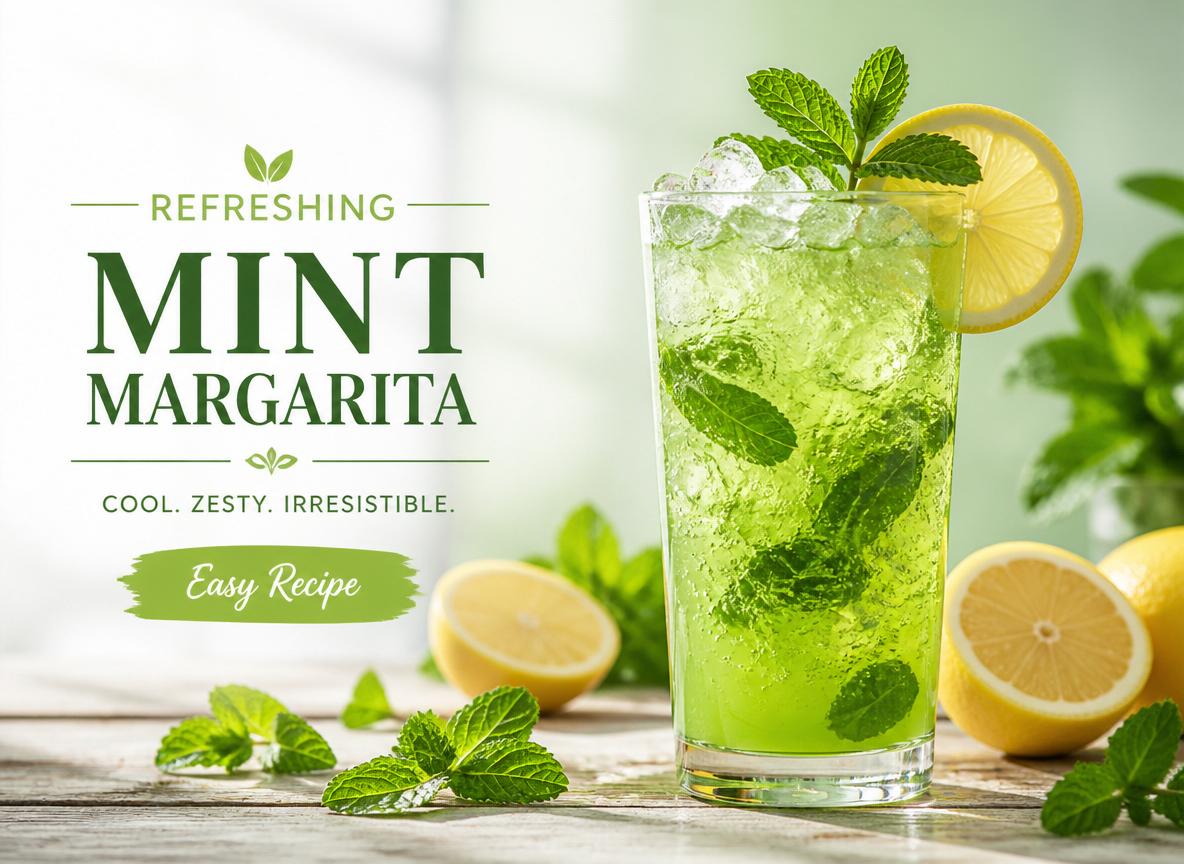 A tall glass of chilled mint margarita garnished with fresh mint leaves and lemon slices, served with ice cubes on a wooden surface
