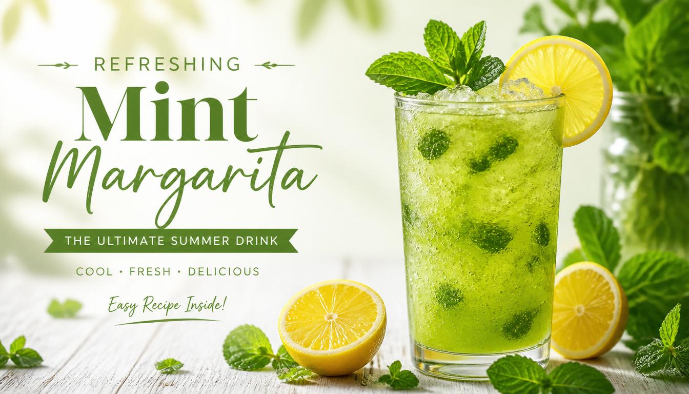 A tall glass of chilled mint margarita garnished with fresh mint leaves and lemon slices, served with ice cubes on a wooden surface